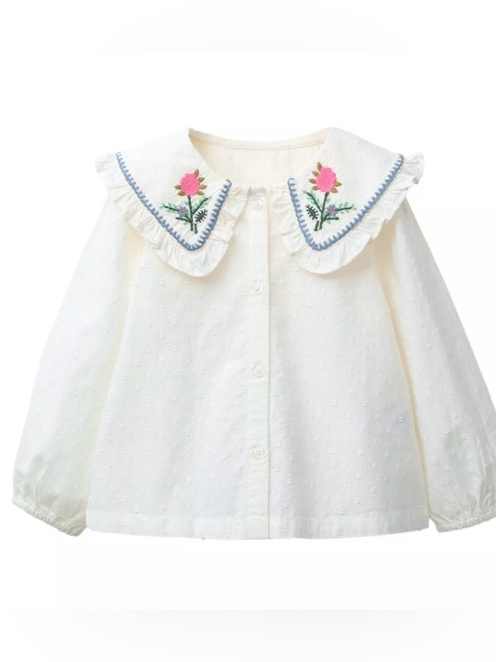 Zara Girls Cream Button-Front Top with Embroidered Peter Pan Collar, 2T